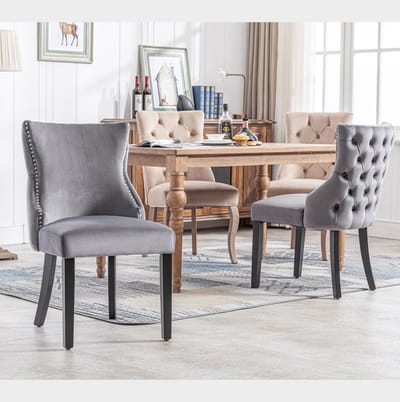 DESMIU Eetkamerstoel - Set Van 4 - Grijs Velvet Met Knopstiksel En Massiefhouten Poten - Voor Eetkamer En Woonkamer - Grijs