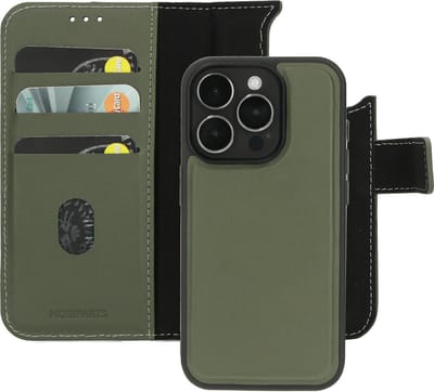 Mobiparts hoesje geschikt voor Apple iPhone 15 Pro - Wallet 2-in-1 Boekhoesje - MagSafe - Echt Leder - Uitneembare Case - Sterke Magneet Sluiting - Contactloos betalen - Groen