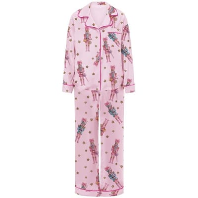Dames Kerst Pyjama Set Schattige Notenkraker Print Lange Mouw Knopen Shirt Broek Satijn Zijde 2-Delige Jammies M roze
