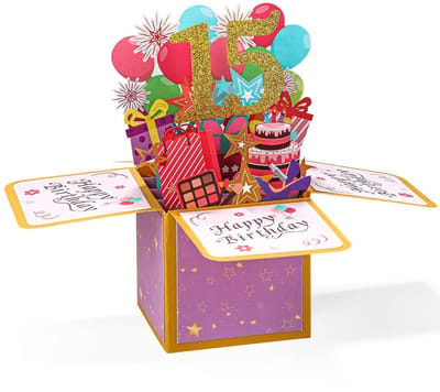 Verjaardagskaart 15 jaar - Pop-up kaart - 3D wenskaart - Uniek cadeau - Met envelop - Hoogwaardig papier - 7,9 x 7,9 x 18,0 cm