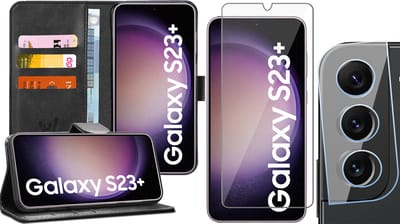 Hoesje geschikt voor Samsung Galaxy S23 Plus - Screenprotector GlassGuard & Camera Lens Screen Protector - Book Case Kunstleer Pasjeshouder Zwart