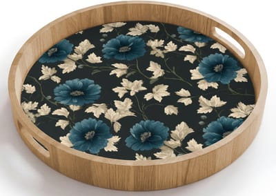 Dienblad rond 40x40 cm - Schootdienblad hout - Botanisch - Bloemen - Blauw - Borrelplank rechthoek - Plateau houten dienbladen