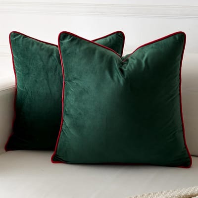 Set van 2 Donkergroene Velours Kussenhoezen met Rode Touwrand - Modern Minimalistisch Ontwerp voor Sofa, Slaapkamer en Feestdecoratie, 50x50cm