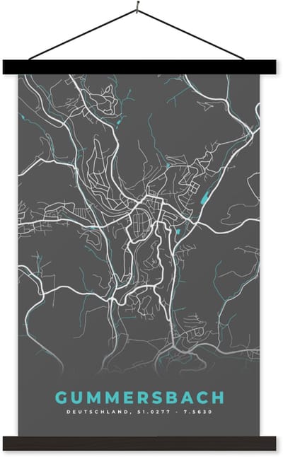 Posterhanger incl. Poster 40x60 cm - Schoolplaat - Gummersbach – Stadskaart – Blauw – Plattegrond – Stadskaart – Kaart - Duitsland - Textielposter - Zwarte latten - Stadskaart