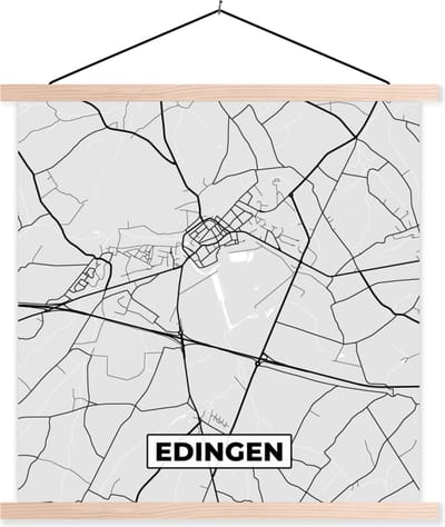 Posterhanger incl. Poster 40x40 cm - Schoolplaat - Zwart Wit – België – Plattegrond – Stadskaart – Kaart – Edingen - Textielposter - Blanke latten - Stadskaart