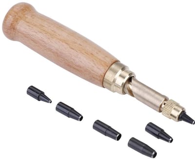 Dailygoods- Riemgaten Set - Lederen Tang - Slagkop 1,5 mm/4 mm - Stansgereedschap - Inclusief 6 Boorkoppen - Materiaal: Metaal/Hout - Gatenpons