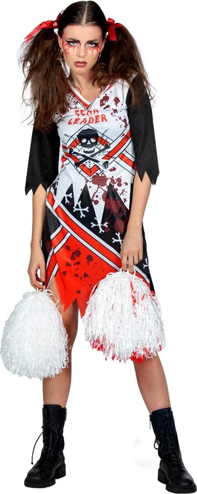 Wilbers & Wilbers - Cheerleader Kostuum - Zombie Scare Leader - Vrouw - Zwart, Wit / Beige - Small - Halloween - Verkleedkleding