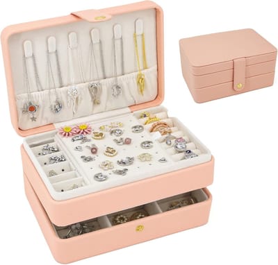 Oneay Klein sieradendoosje voor op reis, draagbare dubbellaagse PU-leer organizer, leuk cadeau voor vrouwen en meisjes, voor ringen, oorbellen en kettingen – Roze