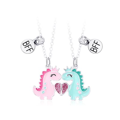 Bixorp Friends BFF Ketting voor 2 met Dinosaurussen - Zilverkleurig - Roze & Blauw - Magnetische Vriendschapsketting - Twee Helften Best Friends - Vriendschap Cadeau voor Twee
