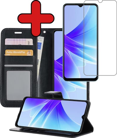 Hoesje - Met Screenprotector - Geschikt voor OPPO A17 - Luxe Pasjeshouder - Flipcase - Bookcase Portemonee - Flip Case - Kunstleer Book Case - Book Cover - Walletcase - Portemonneehoes - Telefoonhoes - Zwart