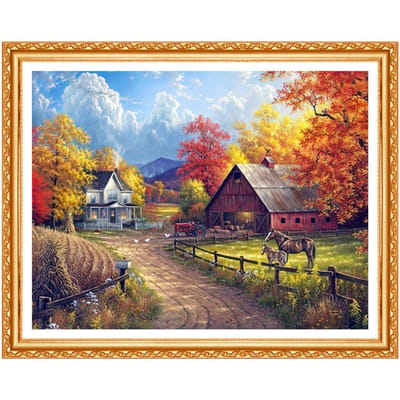 Peinture en point de diamant, paysage de ferme d'automne, broderie de paysage naturel, décoration de maison européenne 20X30CM gray