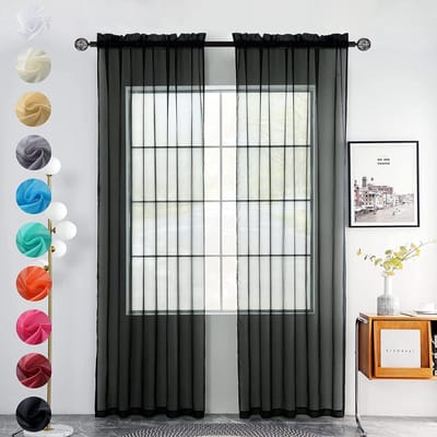 Unyqoos ® Elegante Set van 2 Semi-Transparante Polyester Gordijnen voor Diverse Kamers, Zwart, 140 x 175 cm