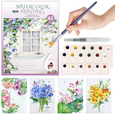 Ainy Aquarel verf set nummer 11 Bloemen collectie A3 voor kinderen en volwassenen | Waterverf Pakket met Aquarelpapier & penseel | Knutselen voor meisjes & jongens | Schilderen op kleurboek | Creatief hobby cadeau | Tekenen werkboek | Schilderset