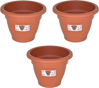 Set van 3x stuks terra cotta kleur ronde plantenpot/bloempot kunststof diameter 18 cm - Plantenbakken/bloembakken voor buiten