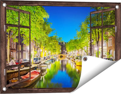 Gards Tuinposter Doorkijk Amsterdamse Gracht in de Nacht - 60x40 cm - Tuindoek - Tuindecoratie - Wanddecoratie buiten - Tuinschilderij