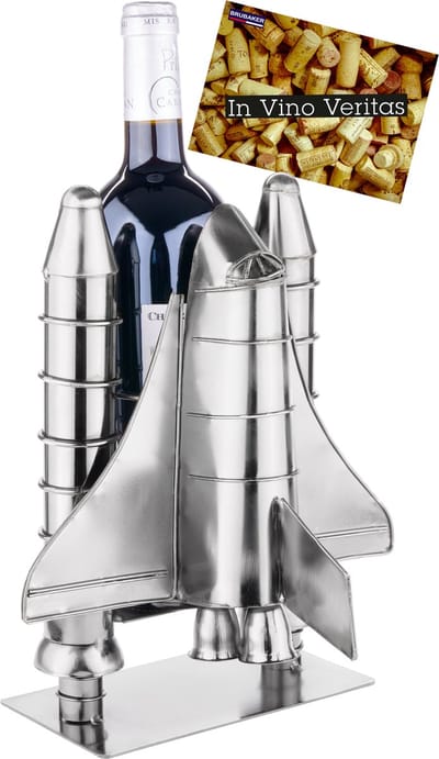 BRUBAKER Wijnfleshouder Raketlancering - Ruimte Shuttle metalen sculptuur fles staan raket Space Shuttle - zilveren metalen beeldje wijn geschenk voor ruimtevaart fans met wenskaart - Wijnrek