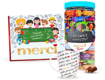 merci geschenkpakket voor de meester met chocolade en mok - bedank de leerkracht - merci Petits en merci Finest Selection - einde schooljaar - "Bedankt meester" - chocoladecadeau - 950g