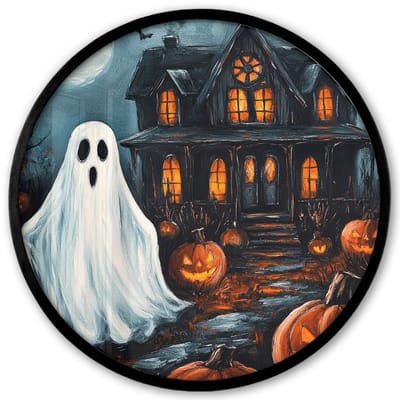 Poster in lijst Rond - Fotolijst 40x40 cm - Posters - Halloween - Spookhuis - Pompoen - Spook - Ronde posterlijst zwart - Decoratie - Wanddecoratie woonkamer - Muurdecoratie slaapkamer