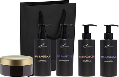 Massageolie Set - Lavendelolie + 100% Amandelolie + Massageolie Neutraal + 100% natuurlijke druivenpitolie + Scrubzout Amandel 300 gram - 300 ml per fles - set van 5 stuks - met luxe gift tas - cadeau - giftset voor hem en haar