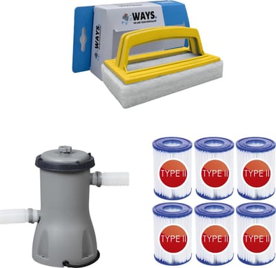 WAYS - Zwembad Onderhoud - Filterpomp 2006 L/h & 6 Filters Type II & WAYS Scrubborstel