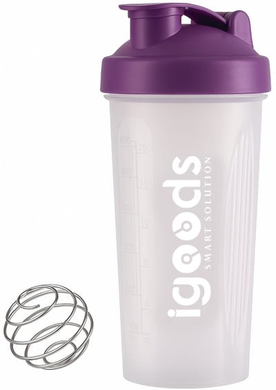 Igoods Shakebeker – Met RVS Mixerbal – BPA-vrij & Lekvrij – Shaker voor Proteïne Shakes, Smoothies & Sportvoeding – Fitness Shake Cup – 600ml – Paars/Wit