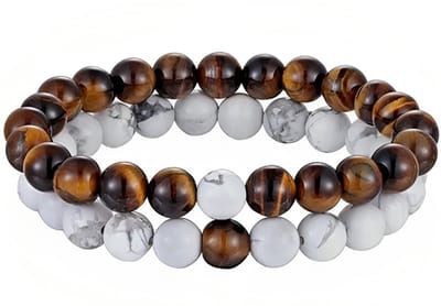 Dubbele Kralen Armband - Natuursteen - Armbanden Heren Dames - Marmer Wit / Tijger Oog Bruin - Papa Cadeau Voor Mannen - Vaderdag