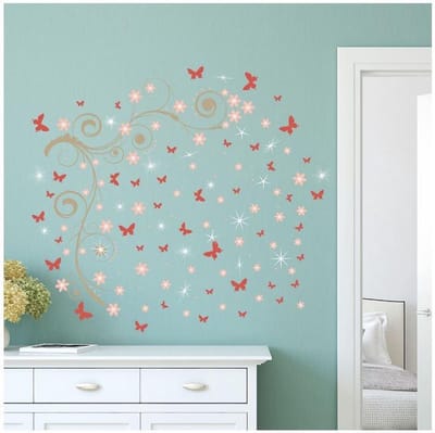 Walplus - Muursticker - Roze Vlinders Wijnstokken met Swarovski Kristallen