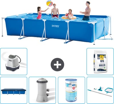 Intex Rechthoekig Frame Zwembad - 450 x 220 x 84 cm - Blauw - Inclusief Afdekzeil - Zwembadfilterpomp - Filter - Schoonmaakset - Zoutwatersysteem - Zwembadzout - 7-delig