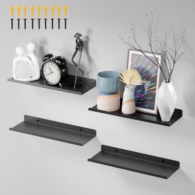 Metalen Wandplank Set van 4 Stuks, Zwevende Planken van 30 cm Breed voor Boeken, Foto's en Decoratie in Woonkamer, Keuken, Slaapkamer en Kantoor