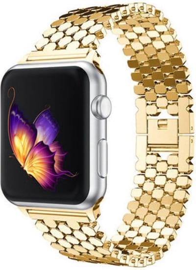 Strap-it Stalen band hexagons - Geschikt voor Apple Watch bandje - Series 1/2/3/4/5/6/7/8/9/10/11/SE/SE2/SE3 - Goud - Unieke RVS band met hexagon schakels - Metalen iWatch bandje voor maat: 38 / 40 / 41 / 42mm