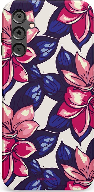 Casetastic hoesje geschikt voor Samsung Galaxy A14 (2023) 5G / Samsung Galaxy A14 (2023) 4G - Dubbellaagse bescherming - Tropen paradijs - Fashion Case - Donkerblauw Roze Koraal Lila