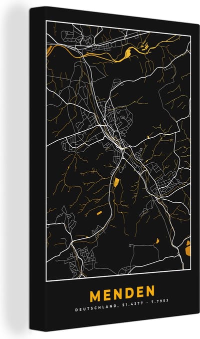 Canvas Schilderij Stadskaart – Plattegrond – Duitsland – Goud – Menden – Kaart - 20x30 cm - Wanddecoratie
