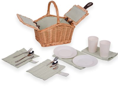 UNUS® Picknickmand voor kinderen rechthoekig met servies voor 2 personen 27x20x30 cm groen
