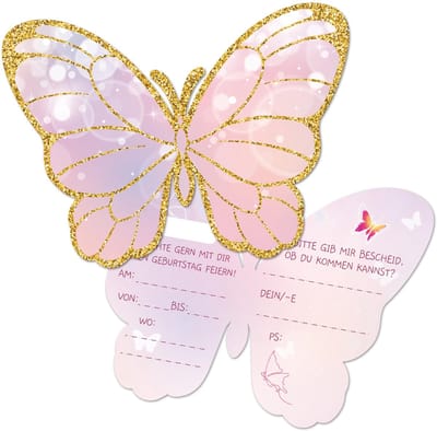 Dailygoods - BIROYAL Uitnodigingskaarten voor kinderverjaardag, uitnodiging kinderverjaardag voor meisjes en jongens, 12 x uitnodigingskaarten voor verjaardag, verjaardagsuitnodigingen (roze vlinder)