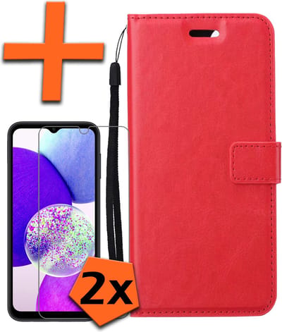 Hoes - Met 2x Screenprotector - Geschikt voor Samsung Galaxy A14 - Luxe Pasjeshouder - Bookcase Portemonee - Flip Case - Kunstleer Book Case - Flipcase Hoes - Book Cover - Walletcase - PortemonneeHoes - Rood