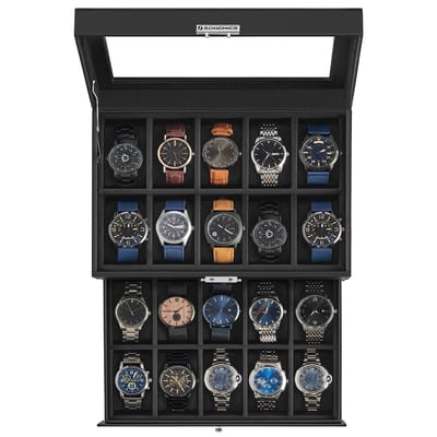 Dailygoods- Horlogebox 2-laags - 20 Sleuven - Uitneembare Kussens - Glazen Deksel - Hoogwaardig Synthetisch Leer - Kwaliteitsslot - Horlogekoffer