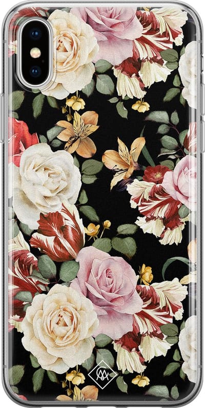 Casimoda® hoesje - Geschikt voor iPhone Xs - Bloemen flowerpower - Siliconen/TPU telefoonhoesje - Backcover - Bloemen - Zwart