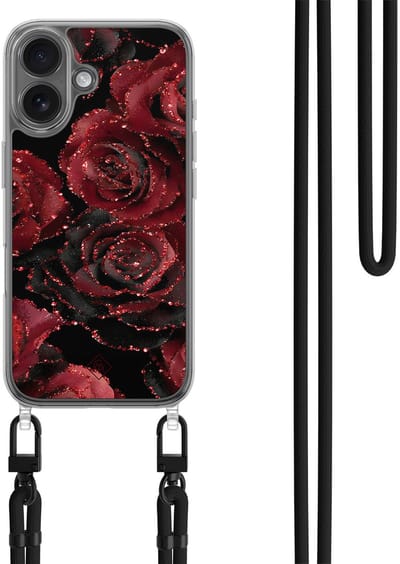Casimoda® hoesje met zwart koord - Geschikt voor iPhone 17 - Rode Rozen - Afneembaar koord - TPU/polycarbonaat - Rood