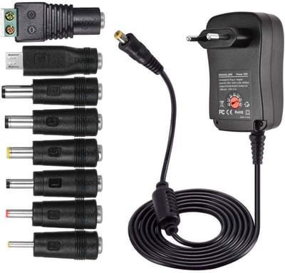 TOVBMUP Transformators - Universele lader van 30 W - Universele voedingsadapter - AC naar DC 3 V 4,5 V 5 V 6 V 7,5 V 9 V 12 V 1 A 2 A Schakeltransformator - met 8 DC-connectoren - voor thuiselektronica - Max. 2000 mA - Zwart