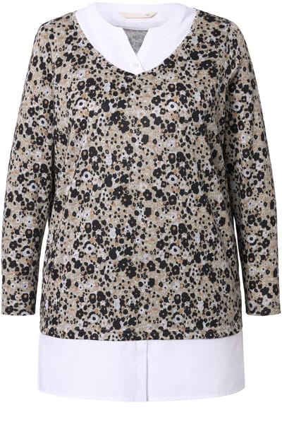 MIAMODA - Dames - 2-in-1 trui A-lijn fein bloembreisel blouse inzetstuk - Grijsbeige - Maat 44
