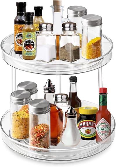 Famanu – Kunststof draaibare kruidenhouder met 2 etages 360 graden Lazy Susan keuken organizer transparant