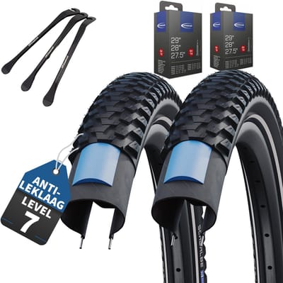 2-delige Set Schwalbe Fietsbanden Marathon Plus MTB 27,5 inch x 2,10 (54-584) buitenband + Frans/Presta ventiel binnenband en 3 metalen MSZweirad bandenlichters voor eenvoudige wisseling van banden