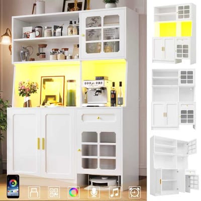 Keukenkast - 130 x 45 x 180 cm - Hoog Sideboard met Glazen Deuren en LED - Glas - Wit