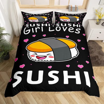 Sushi Dekbedovertrek Sets Voor Kinderen Jongens Meisjes Lichtgewicht Dons Dekbedovertrekken Slaapkamer Decoratie 2 Kussenslopen 1 Dekbedovertrek Geen Dekbed AU Single(140*210cm)3pcs