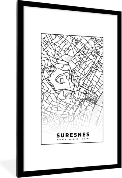 Fotolijst incl. Poster Zwart Wit- Kaart - Stadskaart - Suresnes - Frankrijk - Plattegrond - Zwart wit - 80x120 cm - Posterlijst