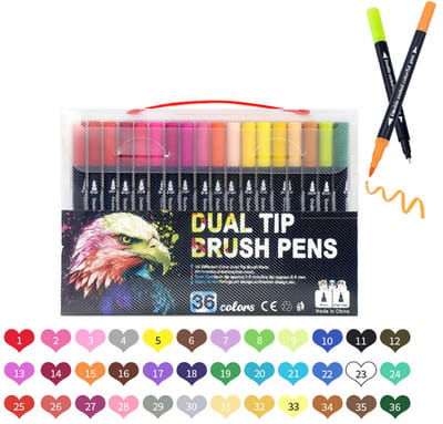 KZQ Dubbele stift markerset - Fijne punt en penseelpunt - Voor kleurboeken kalligrafie tekenen en DIY - 36 kleuren