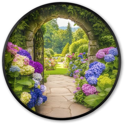 Poster in lijst Rond - Fotolijst 60x60 cm - Posters - Doorkijk - Poort - Hortensia - Bloementuin - Ronde posterlijst zwart - Decoratie - Wanddecoratie woonkamer - Muurdecoratie slaapkamer