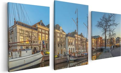 Artaza Canvas Schilderij Drieluik Groningen Hoge der A Haven - 120x60 cm - Wanddecoratie Woonkamer - Schilderijen - Muurdecoratie