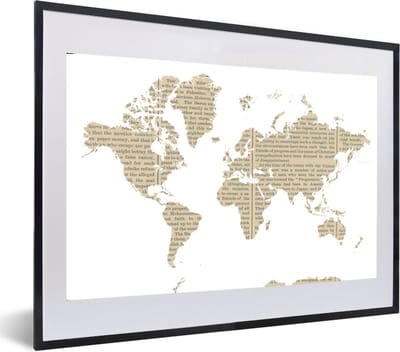 Poster in lijst - Fotolijst 60x40 cm - Posters - Wereldkaart - Wit - Krantenpapier - Posterlijst zwart - Decoratie - Wanddecoratie woonkamer - Muurdecoratie slaapkamer