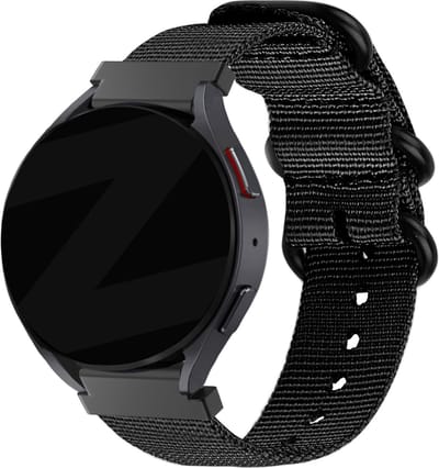 Bandz universeel 20mm nylon band met gesp geschikt voor Samsung Galaxy Watch Active 1/2 40 & 44mm / Watch 1 42mm / Watch 3 41mm / Gear Sport / Polar Ignite 1-2-3 / Unite / Pacer - Hoogwaardig nylon materiaal bandje met gespsluiting - zwart